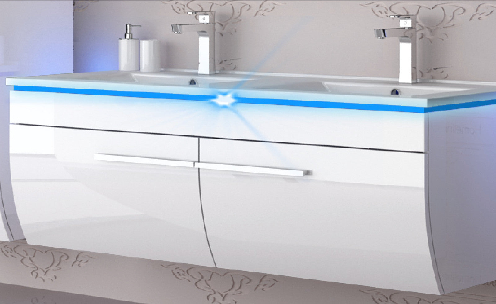 Doppelwaschtisch 240 cm Weiss Hochglanz Doppel Waschbecken Badmöbel Set Led Syts