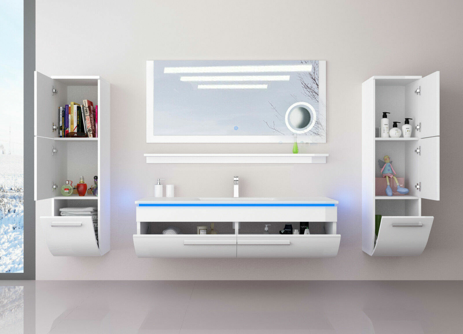 Badmöbel Set schwarz oder weiss hochglanz Kosmetik Badezimmermöbel 180 cm LEDUhr