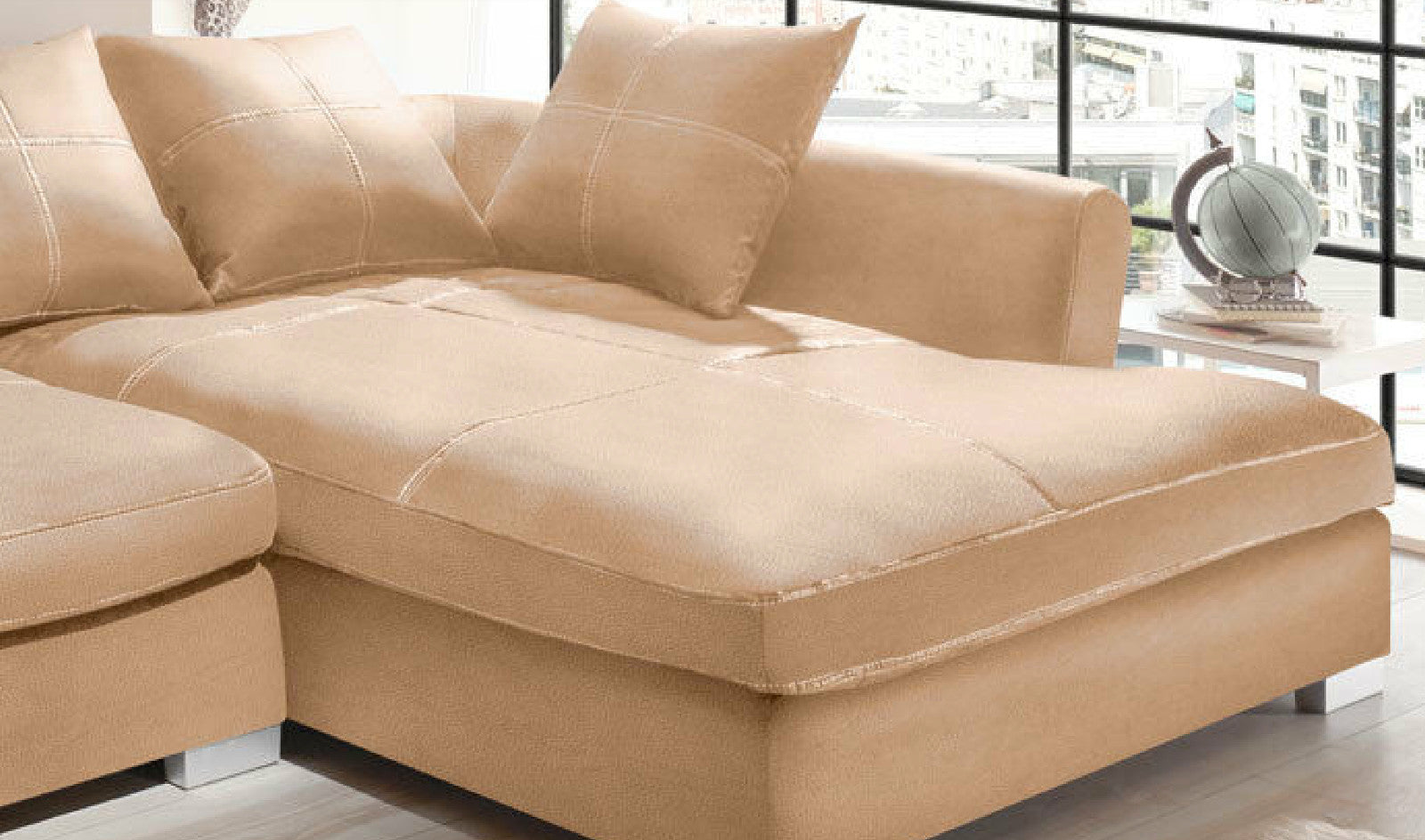 Design Couchgarnitur Beige Sofa K-Leder Eck Sofa Wohnlandschaft Megasofa Rechts
