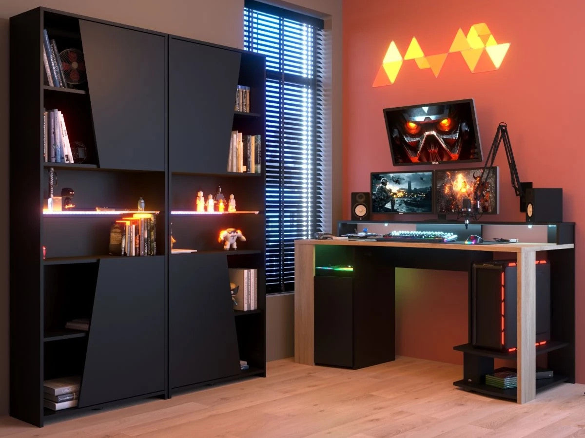 Gaming Set"Meta"in schwarz und Eiche Gamingtisch und Schrank inklLED Farbwechsel
