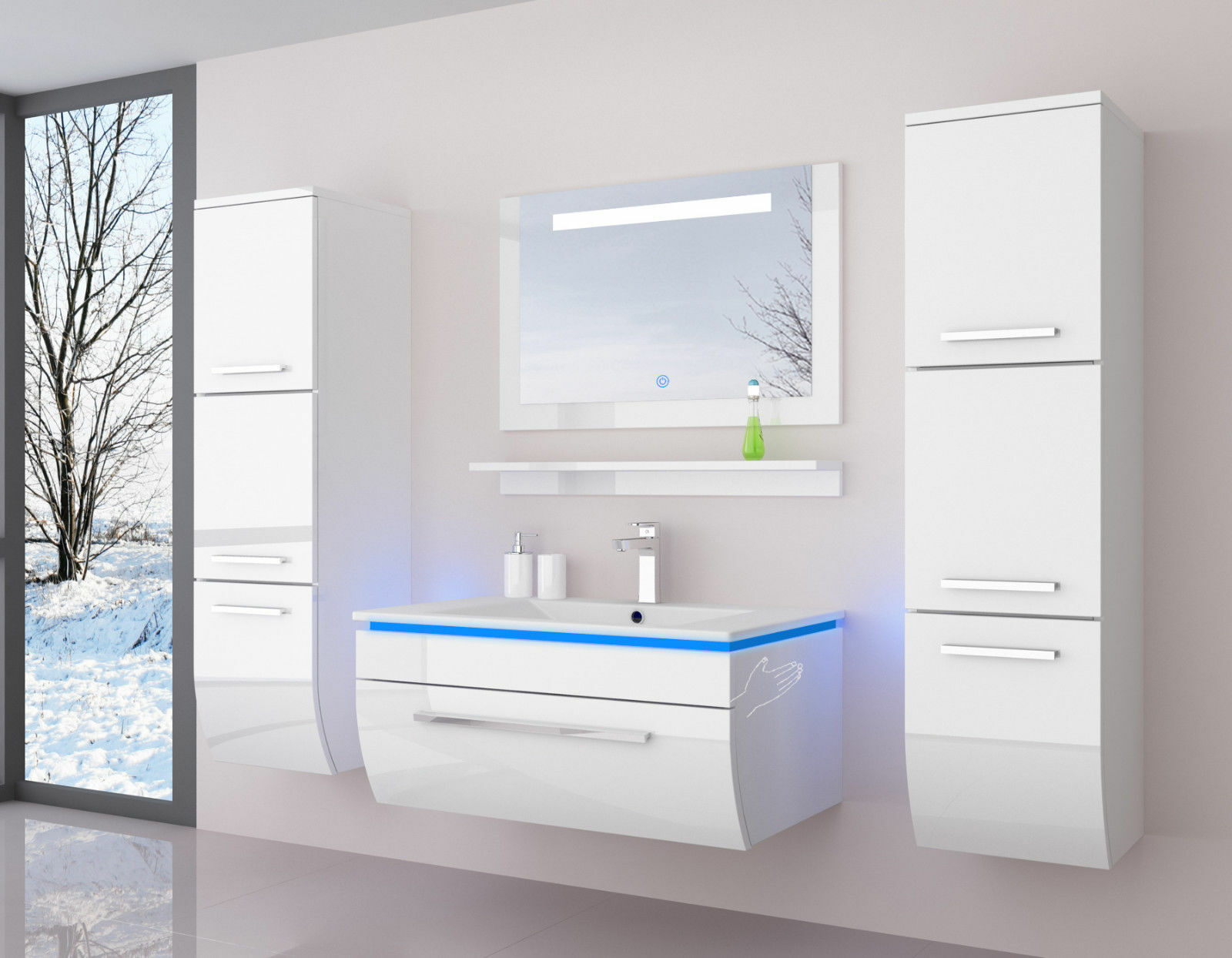 90 Badmöbel Set Weiss Komplett Hochglanz Badezimmermöbel 6 Teilige LED Bad  Weiß