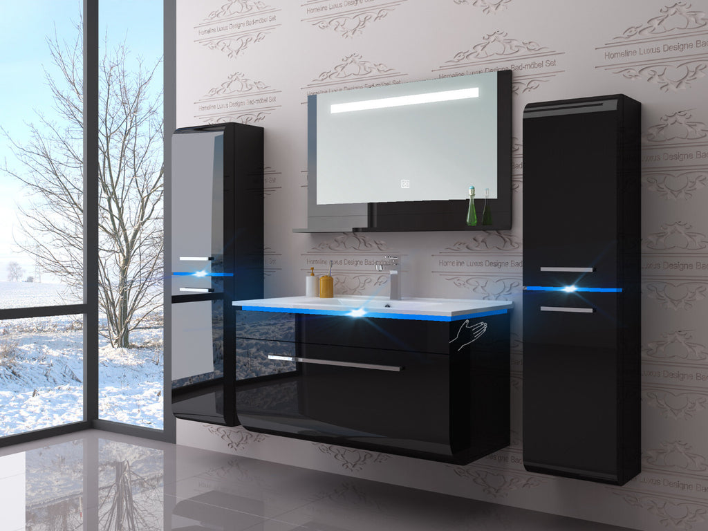 Badmöbel Set montiert Weiss oder Schwarz Hochglanz Badezimmermöbel 90 cm Led Sym