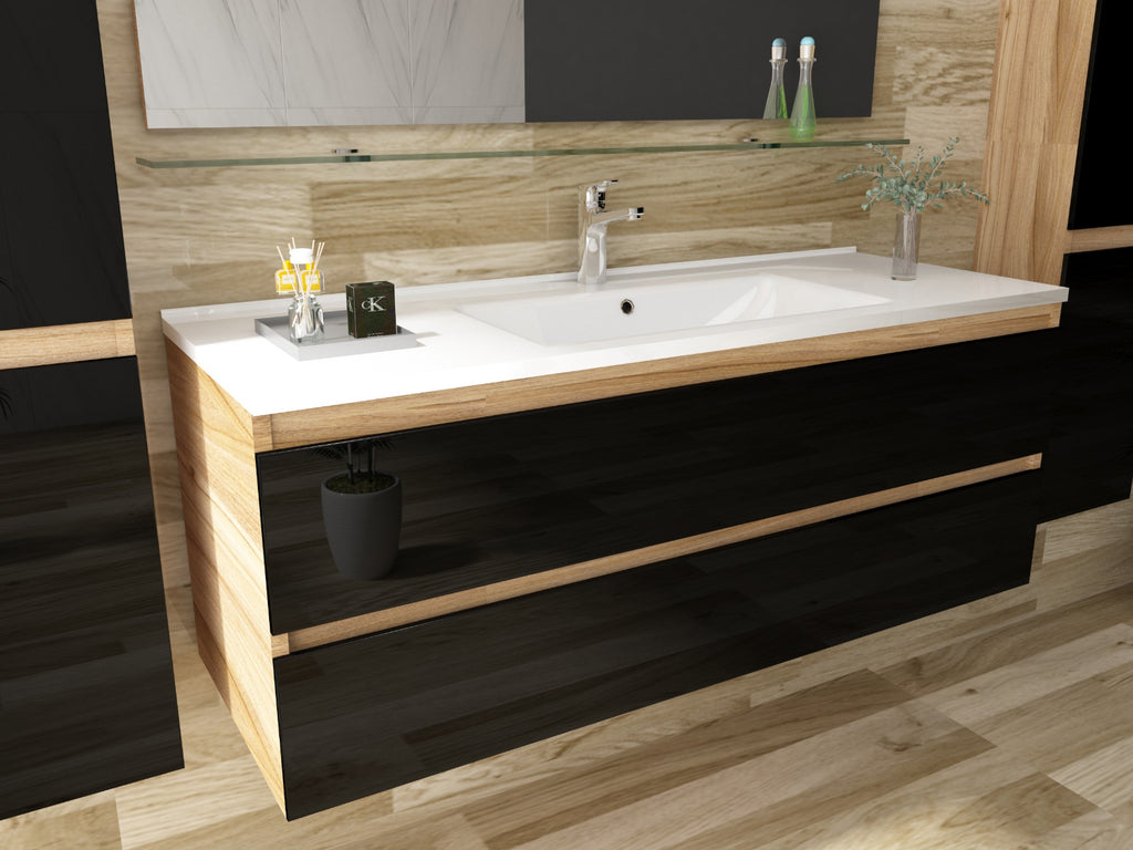 Badmöbel Set  Eiche / Schwarz Hochglanz SoftClosingssystem 120 Badezimmer Möbel