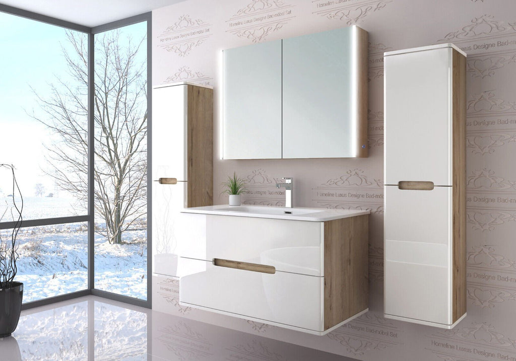 Badmöbel set mit waschbecken und spiegelschrank Hochglanz mit Keramik Becken 90