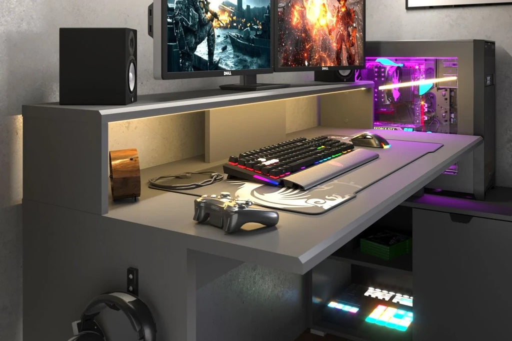 Gaming Set"Work"in schwarz und grau Gamingtisch und Schrank inkl.LED Farbwechsel