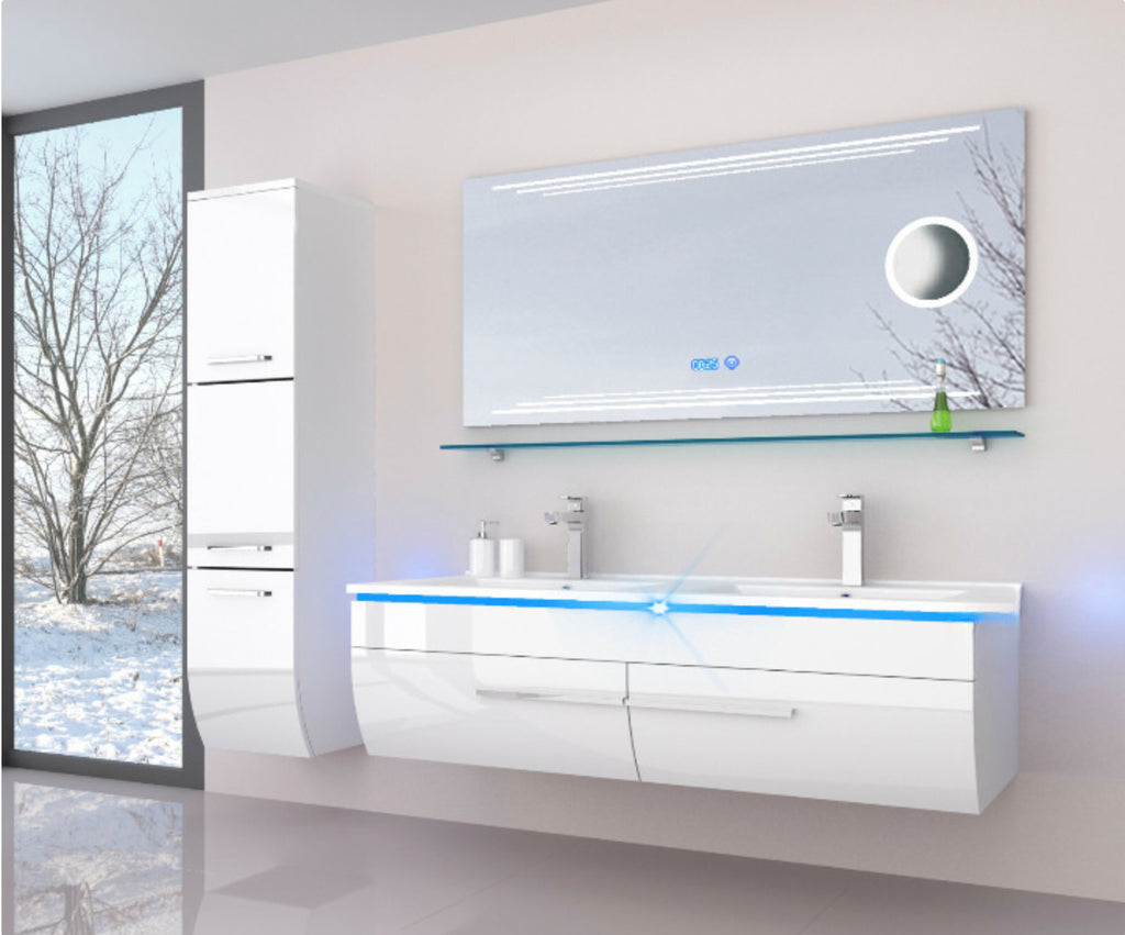 Doppelwaschbecken Badmöbel Set schwarz oder weiss hochglanz Kosmetik LED Uhr Bad