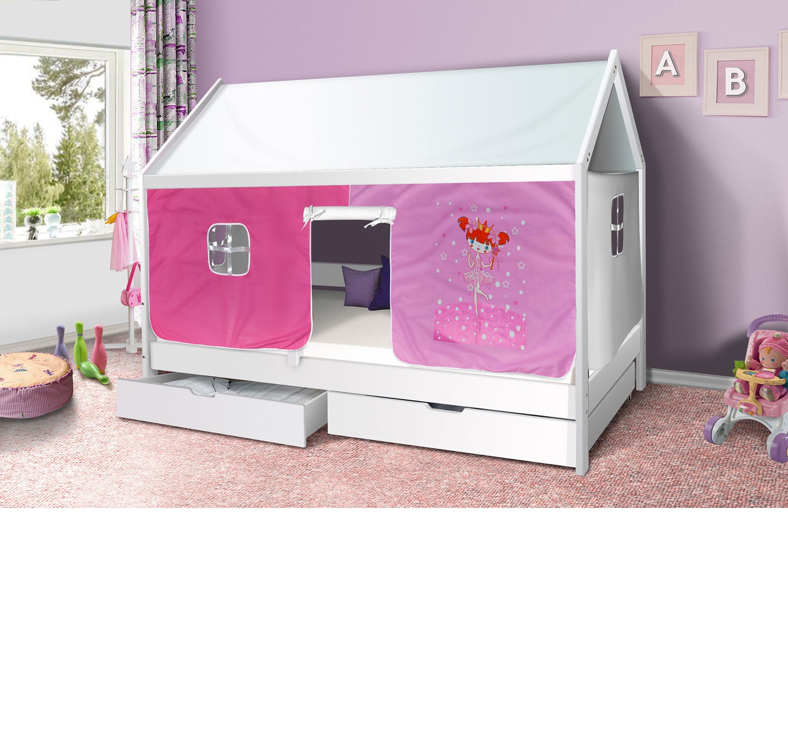 Kinderbett Massiv Hausbett Hochbett Spielbett Jugendbett 90x200 cm Hüttenbett  .