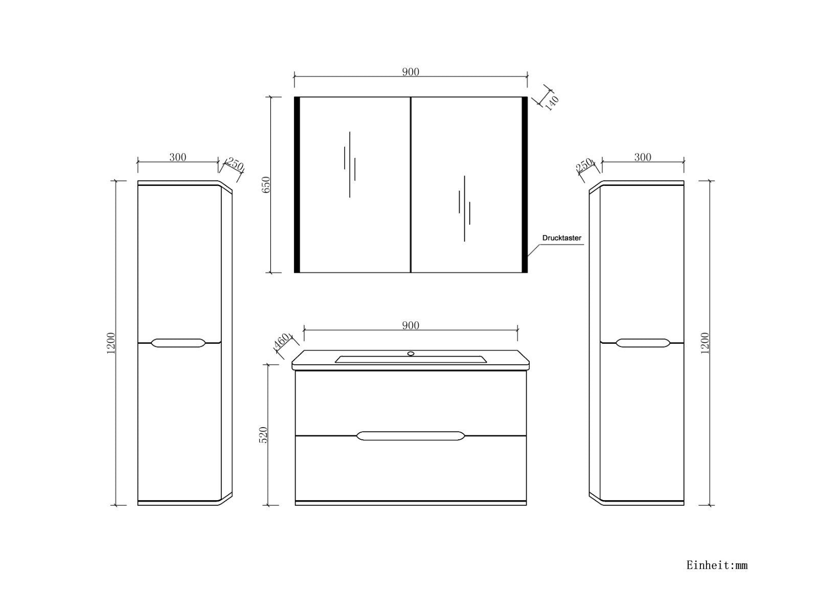 Badmöbel set mit waschbecken und spiegelschrank Hochglanz mit Keramik Becken Bad