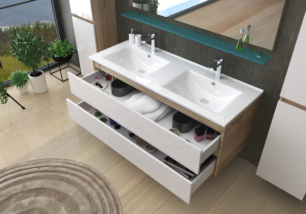 Doppelwaschtisch Eiche /Weiß Hochglanz Doppel Waschbecken Badezimme Badmöbel Set