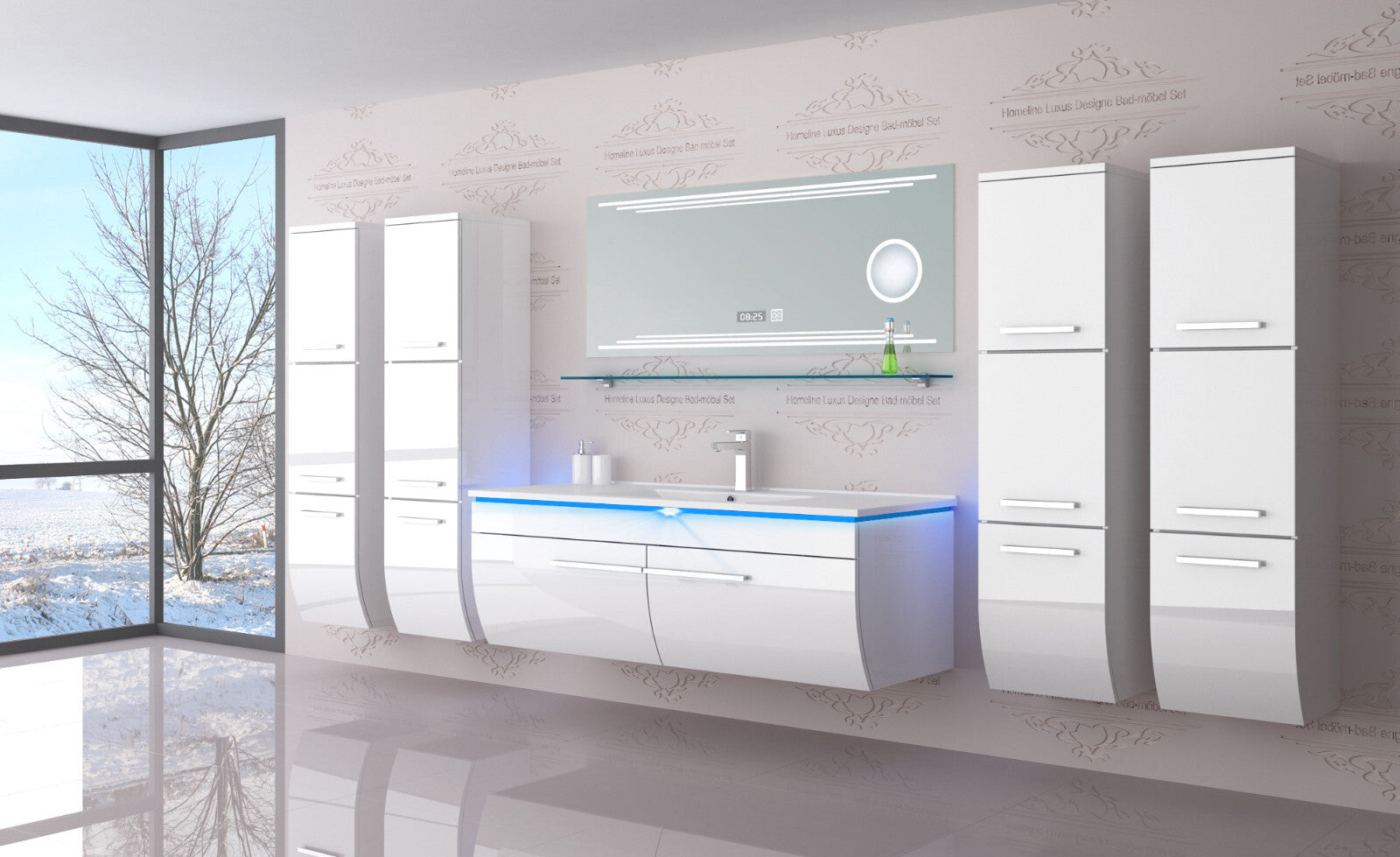 Badmöbel Set Badezimmer schränke Waschbecken Spiegel Weiß LED  Badmöbel Set 120