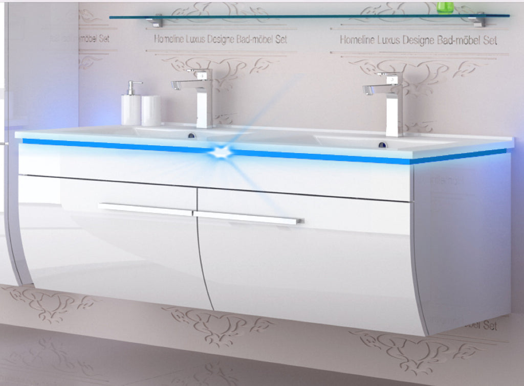 Doppelwaschtisch Doppelwaschbecken Waschbecken 240 cm Weiß LED  Badmöbel Set 120
