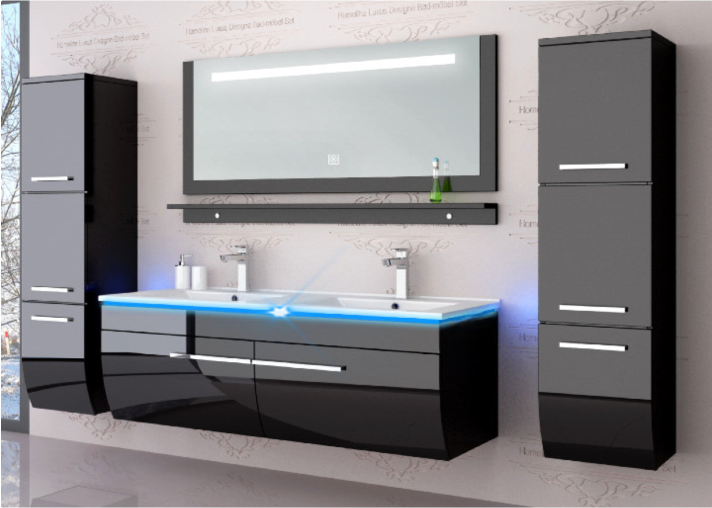 Badmöbel set hochglanz Schwarz Doppelwaschtisch montiert Touch Led System 120 cm