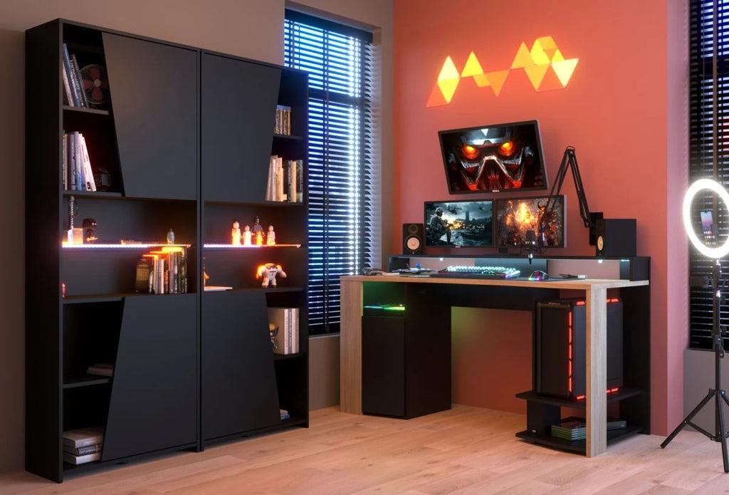 Gaming Set"Meta"in schwarz und Eiche Gamingtisch und Schrank inklLED Farbwechsel