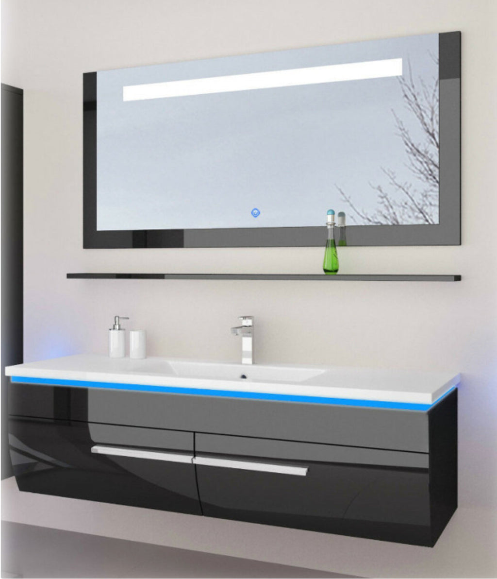 120 cm Badmöbel Set Eiche / Schwarz  Weiß Hochglanz LED Badezimmermöbel Komplett