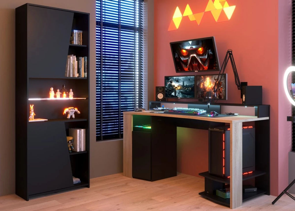 aming Set"Meta"in schwarz und Eiche Gamingtisch und Schrank inkl.LED Farbwechsel
