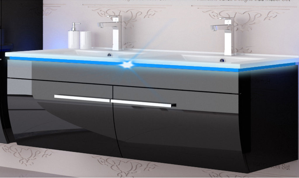 Doppelwaschtisch Doppelwaschbecken Waschbecken 240 cm Schwarz LED  Badmöbel Set