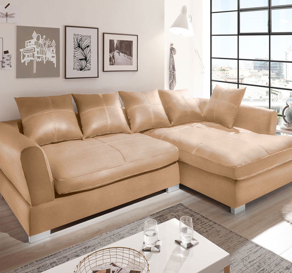 Design Couchgarnitur Beige Sofa K-Leder Eck Sofa Wohnlandschaft Megasofa Rechts