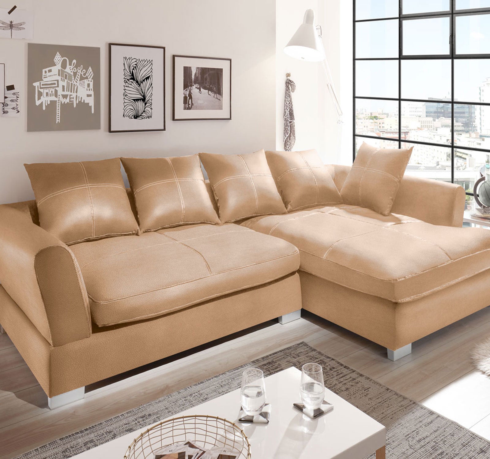 Design Couchgarnitur Beige Sofa K-Leder Eck Sofa Wohnlandschaft Megasofa Rechts