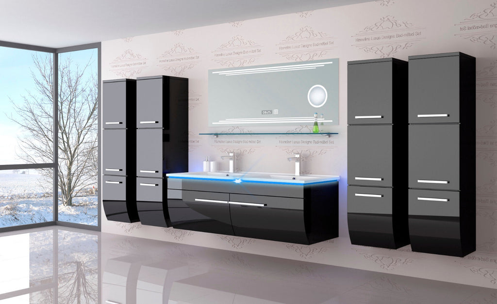 Doppelwaschtisch Doppelwaschbecken Waschbecken 240 cm Schwarz LED  Badmöbel Set