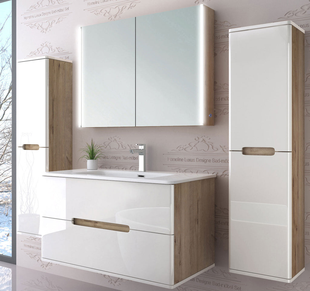 Badmöbel set mit waschbecken und spiegelschrank Hochglanz mit Keramik Becken Bad
