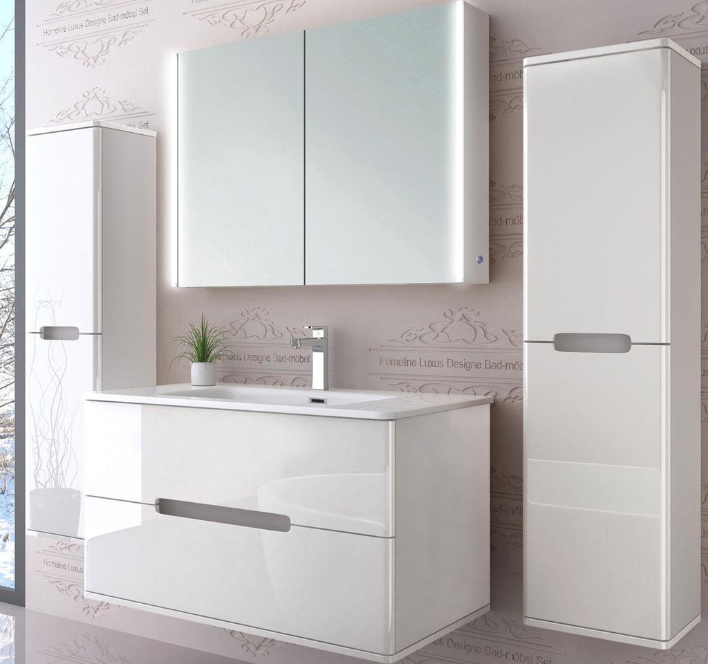 Badezimmermöbel set  Badmöbel  Hochglanz Spiegelschrank Keramik Weiß LED 90 cm