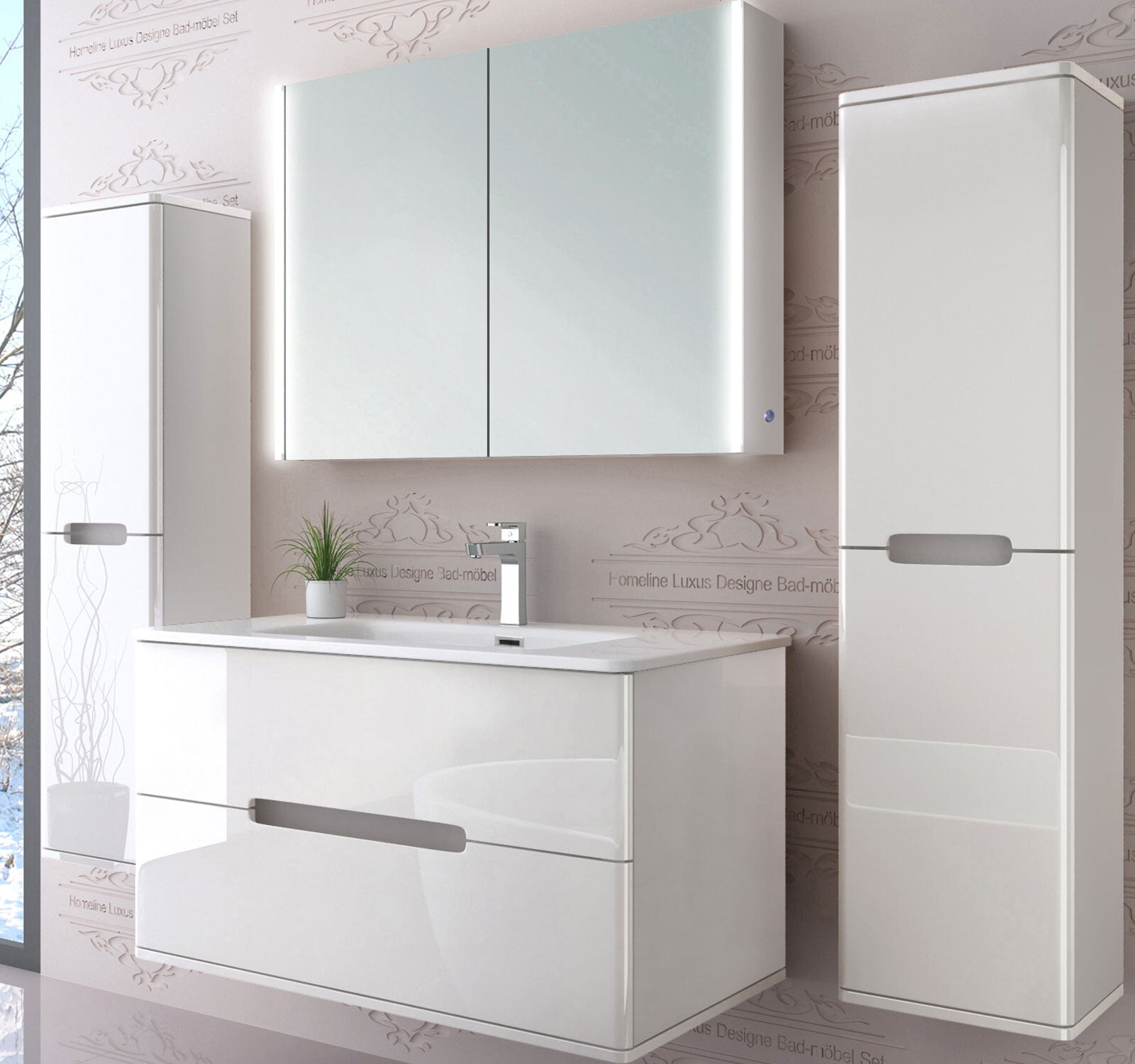 Badezimmermöbel set  Badmöbel  Hochglanz Spiegelschrank Keramik Weiß LED 90 cm
