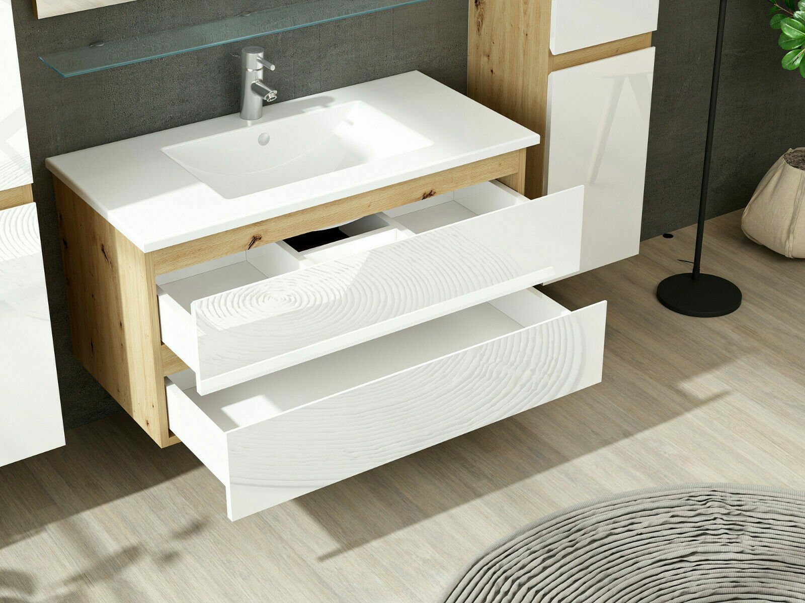 Badmöbel Set Weiss / Eiche / Schwarz Hochglanz Bad Badezimmermöbel 60- 90-120 cm