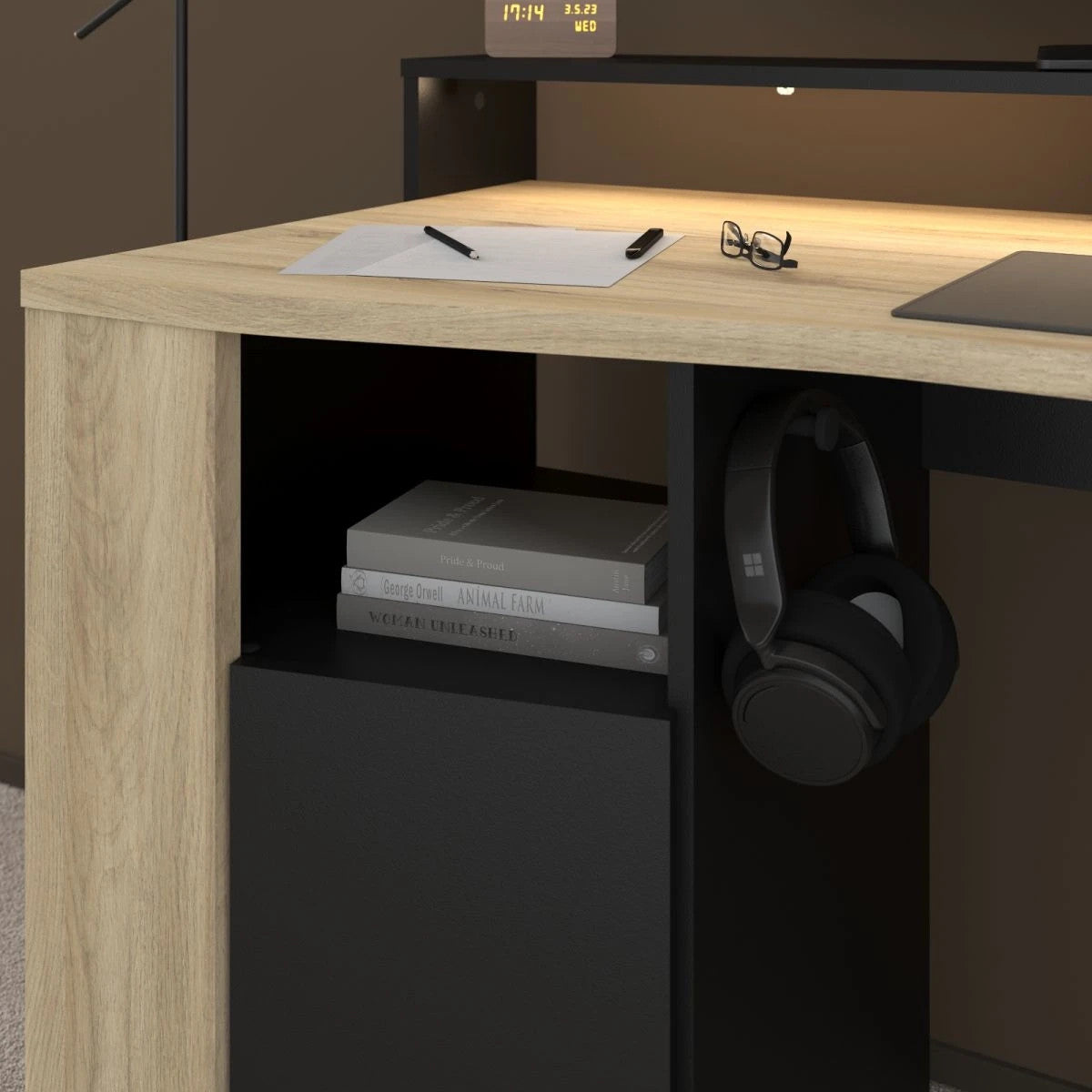 aming Set"Meta"in schwarz und Eiche Gamingtisch und Schrank inkl.LED Farbwechsel