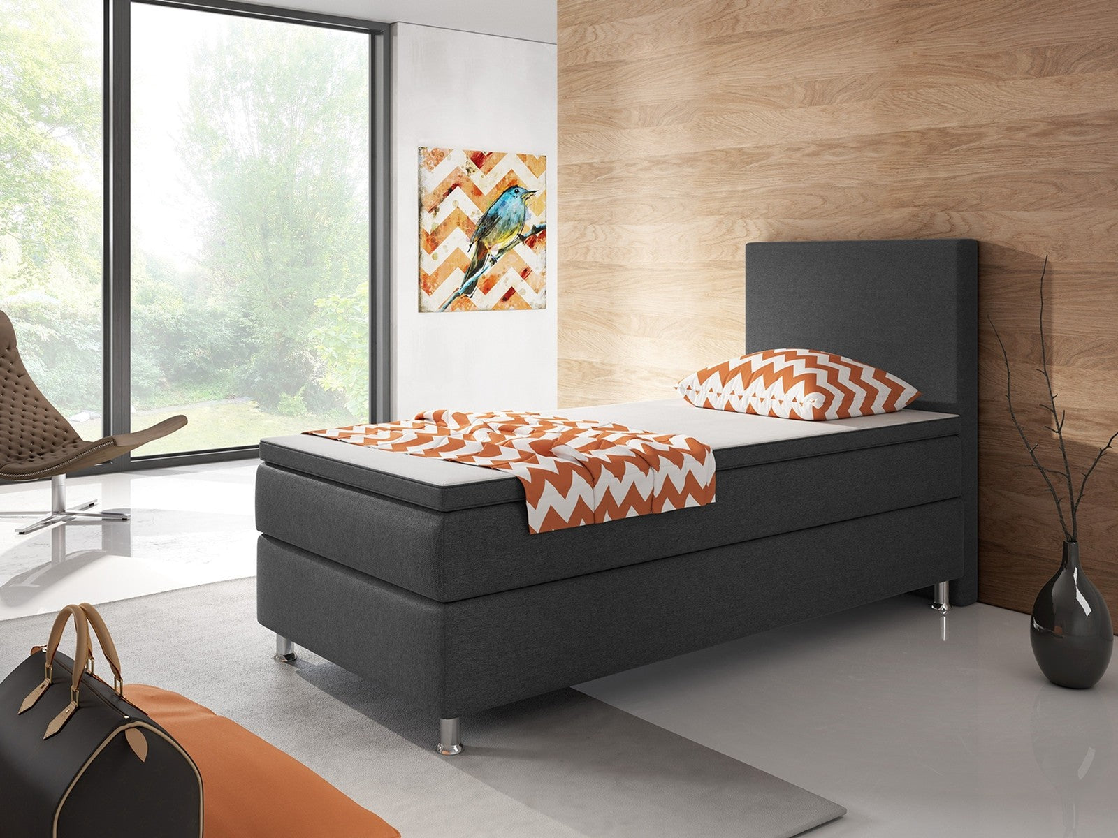 Boxspringbett Bett  90x200 Webstoff Anthrazit Einzelbett Schlafzimmer modern