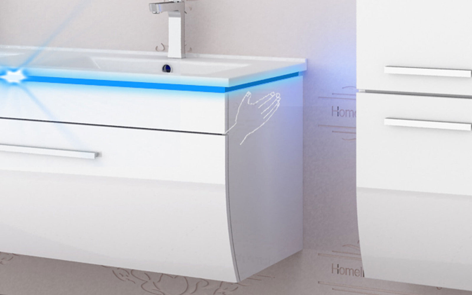 Badmöbel set hochglanz Weiß Doppelwaschtisch montiert   Touch Led System 120 cm