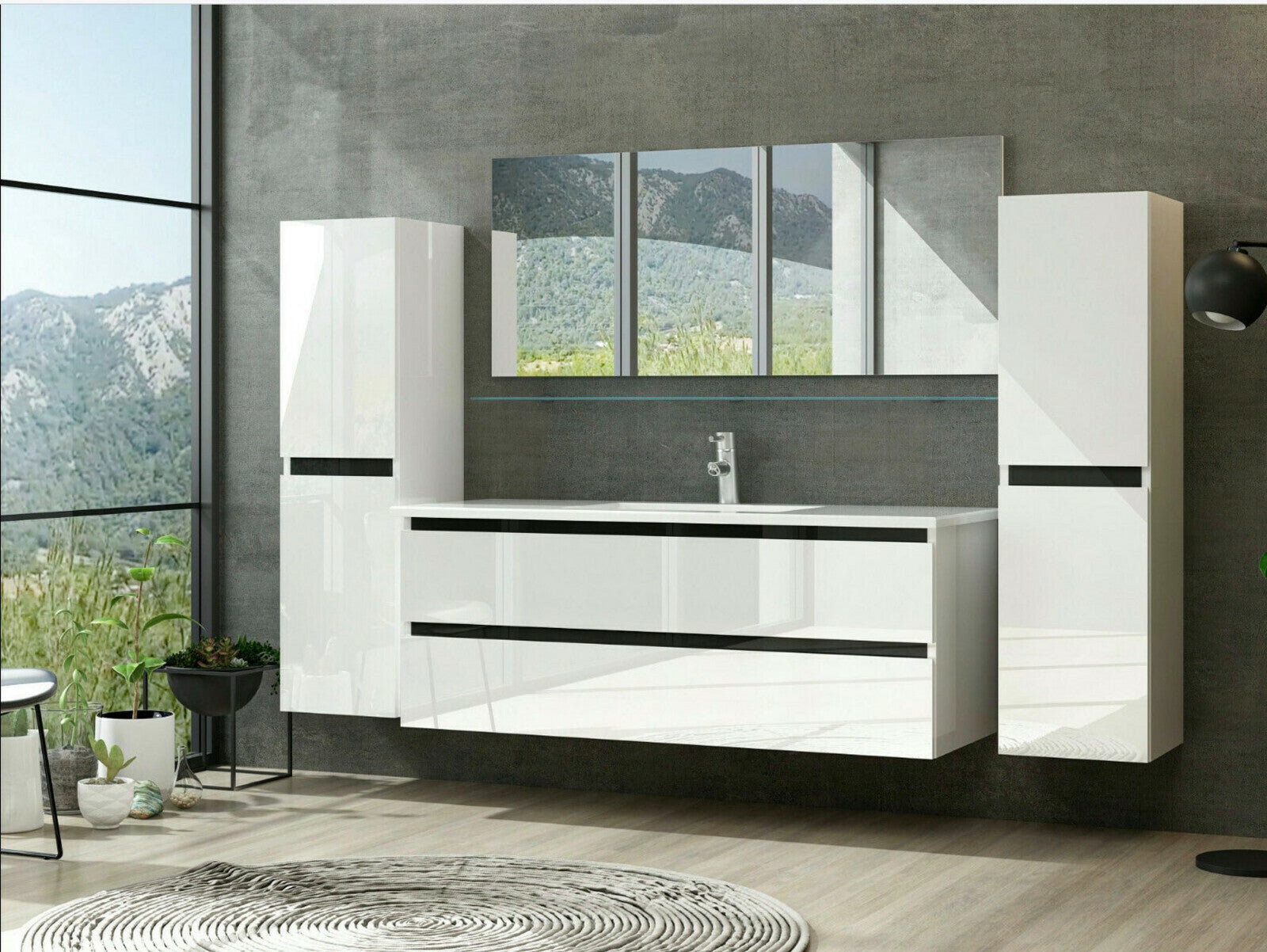 Badmöbel Set Design Weiss Hochglanz Badezimmermöbel 120 cm bis 8tlg Bad Möbel