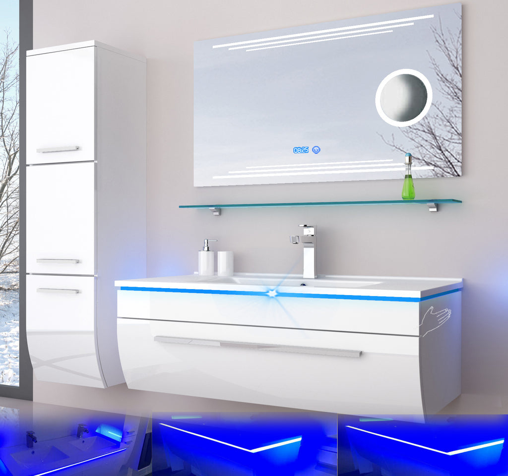 Badmöbel Set 90 cm schwarz oder weiss hochglanz Kosmetik LED Uhr Badezimmermöbel