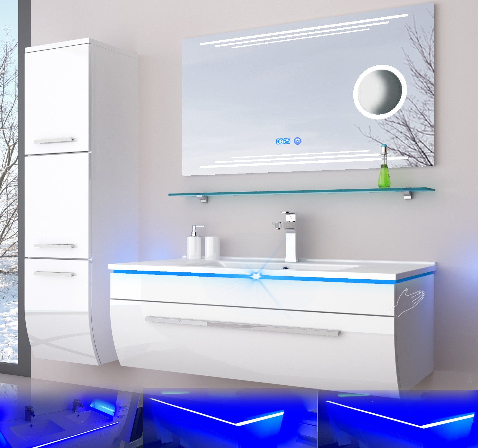Badmöbel Set 90 cm schwarz oder weiss hochglanz Kosmetik LED Uhr Badezimmermöbel