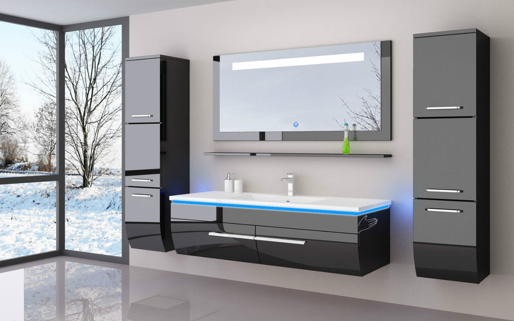 120 cm Badmöbel Set Schwarz Weiss Hochglanz LED Badezimmermöbel Komplett Bad 120