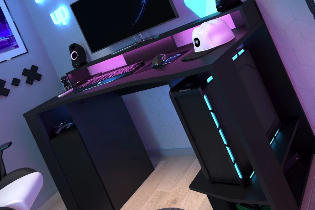 Gaming Set "Gaming2" in schwarz Gamingtisch und Schrank inkl. LED Beleuchtung in