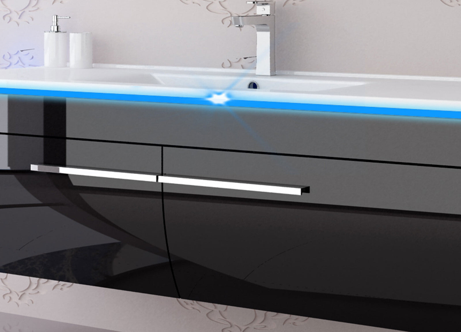 Badmöbel set hochglanz Schwarz Badmöbel Set montiert Touch Led System 120 cm Bad