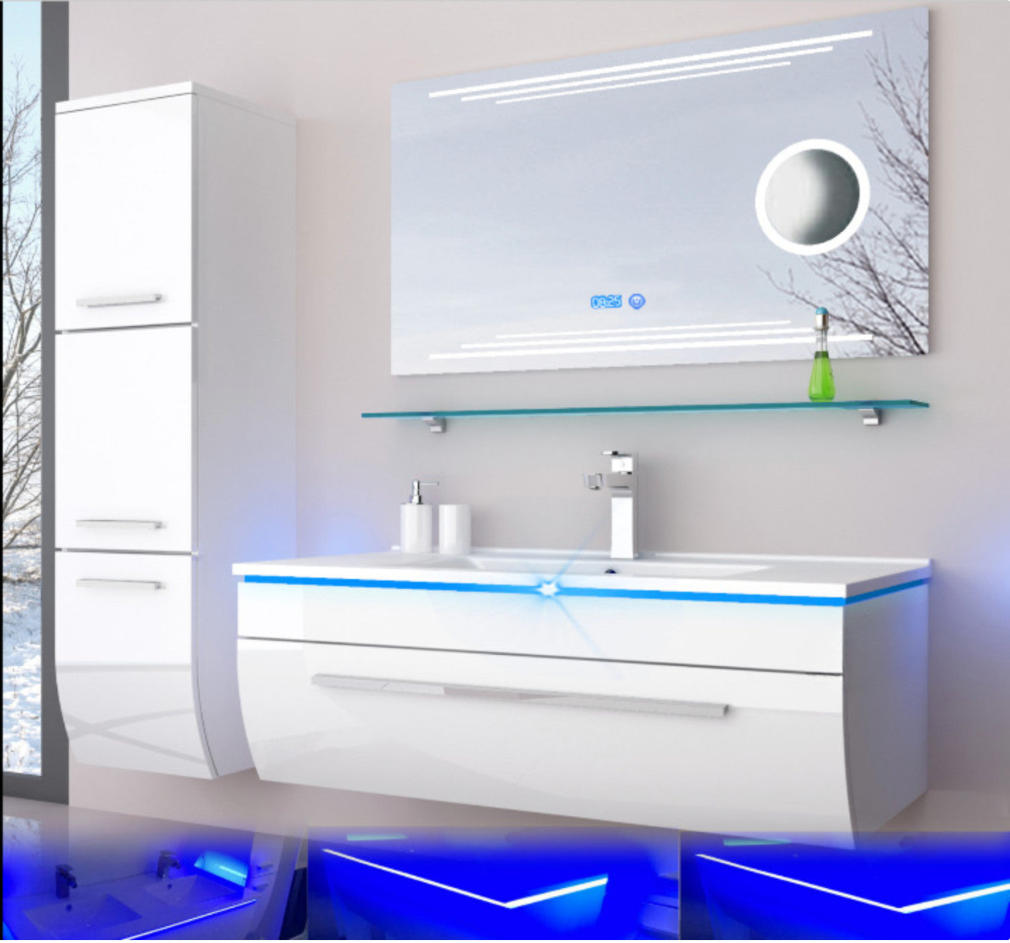 Badmöbel Set Badezimmer schränke Waschbecken Spiegel Weiß LED  Badmöbel Set 90