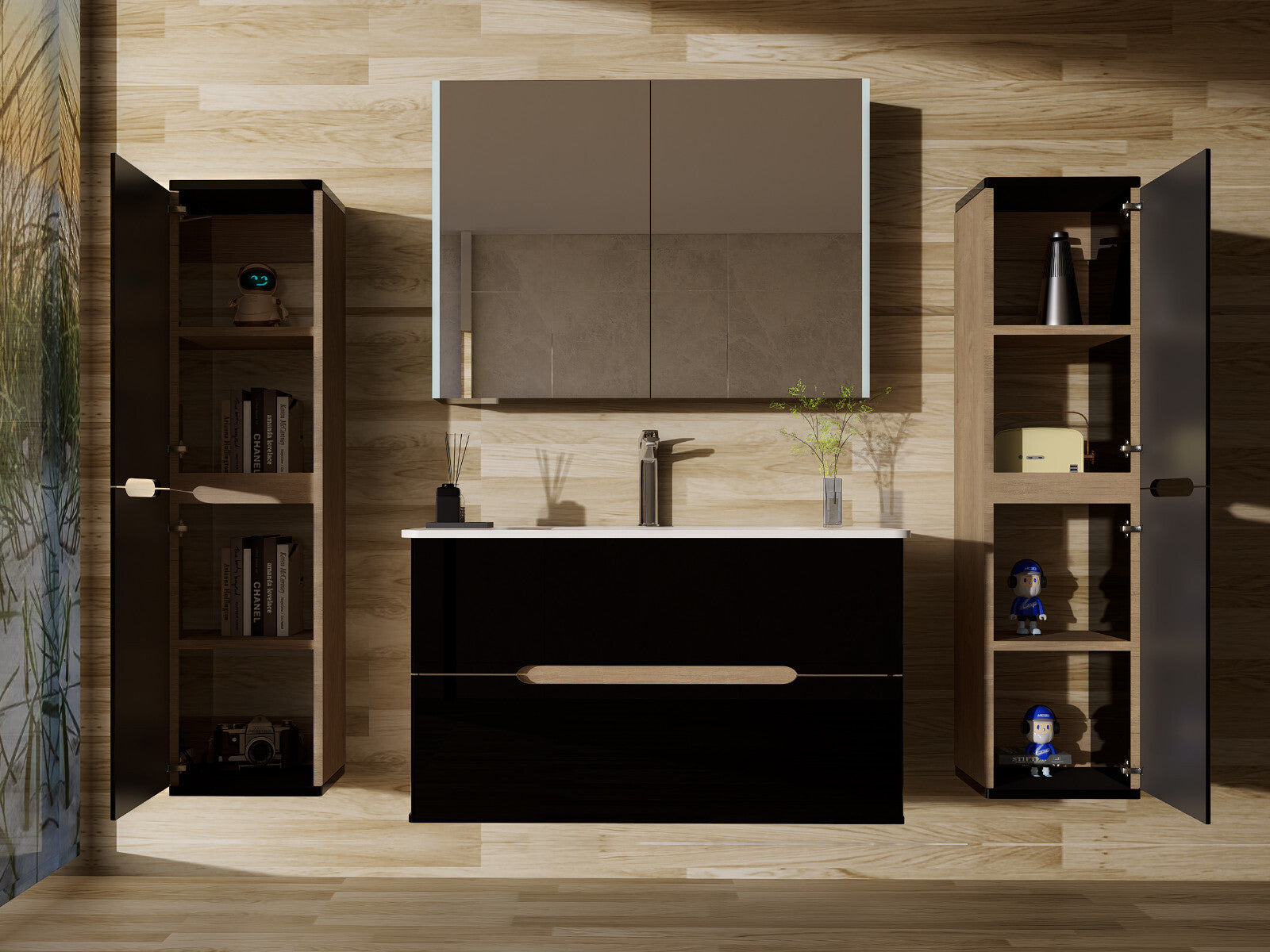 Badmöbel set mit waschbecken und spiegelschrank Hochglanz mit Keramik Becken Bad