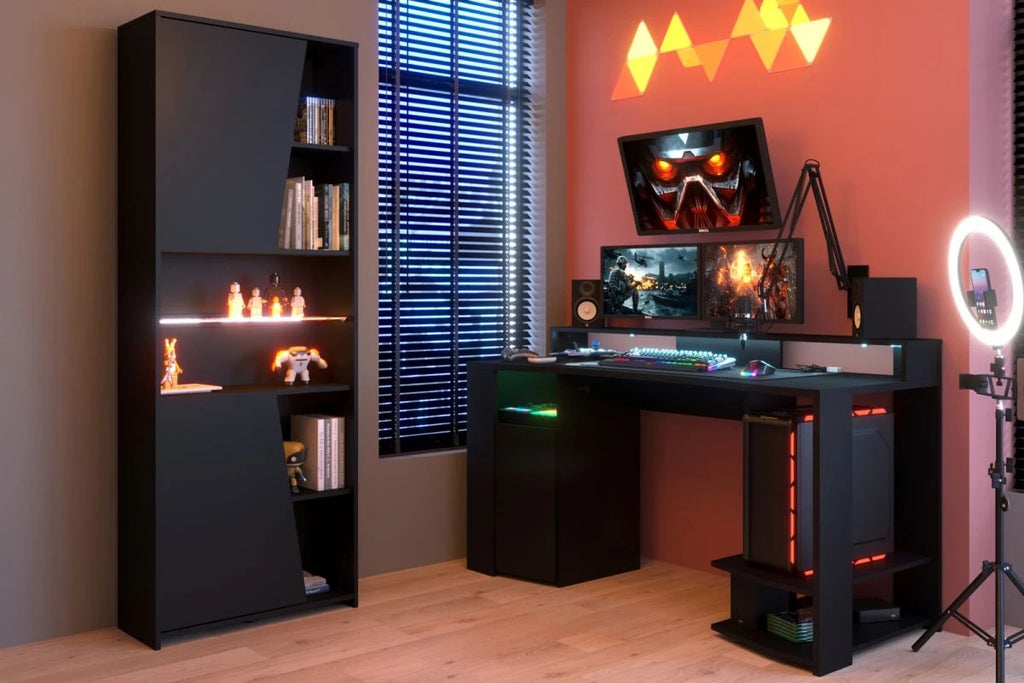 Gaming Set "Gaming2" in schwarz Gamingtisch und Schrank inkl. LED Beleuchtung in