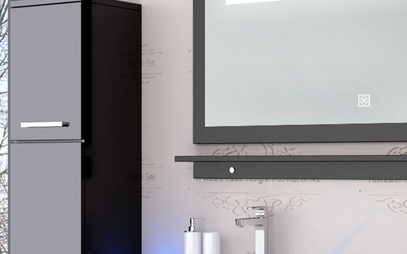 Badmöbel set hochglanz Schwarz Doppelwaschtisch montiert Touch Led System 120 cm