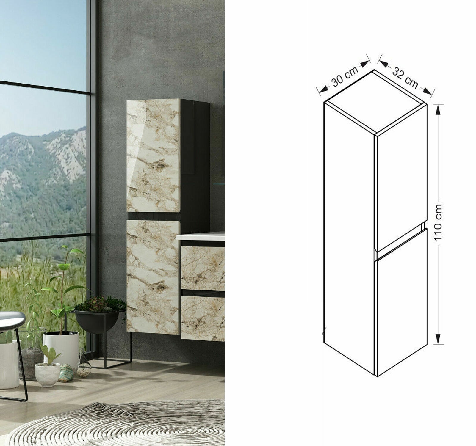Badezimmerschrank badmöbel Badschrank Hochschrank Wandschrank Schwarz Weiß Eiche