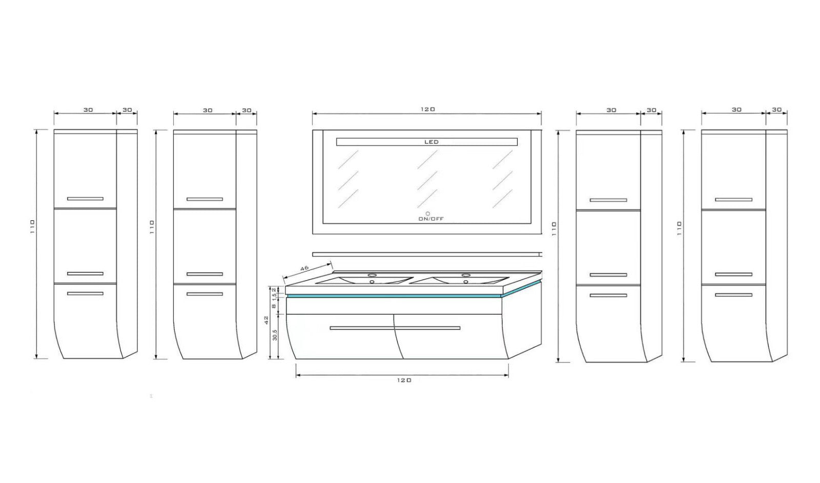 Doppelwaschtisch Doppelwaschbecken Waschbecken 240 cm Weiß LED  Badmöbel Set 120