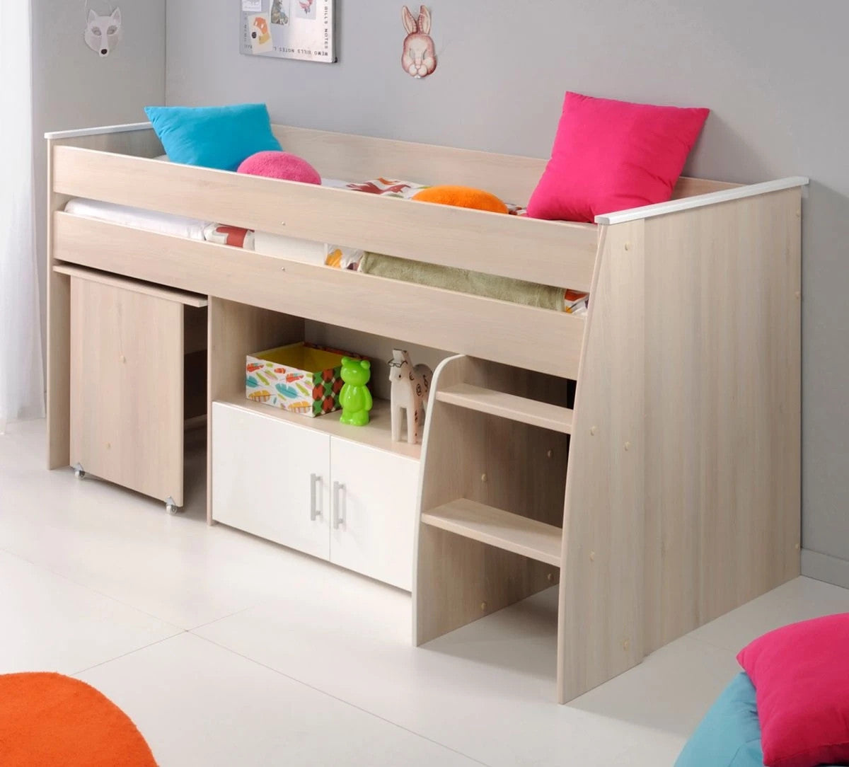 "Charly5"in Akazie und weiß Kleiderschrank und Hochbett mit Schreibtisch