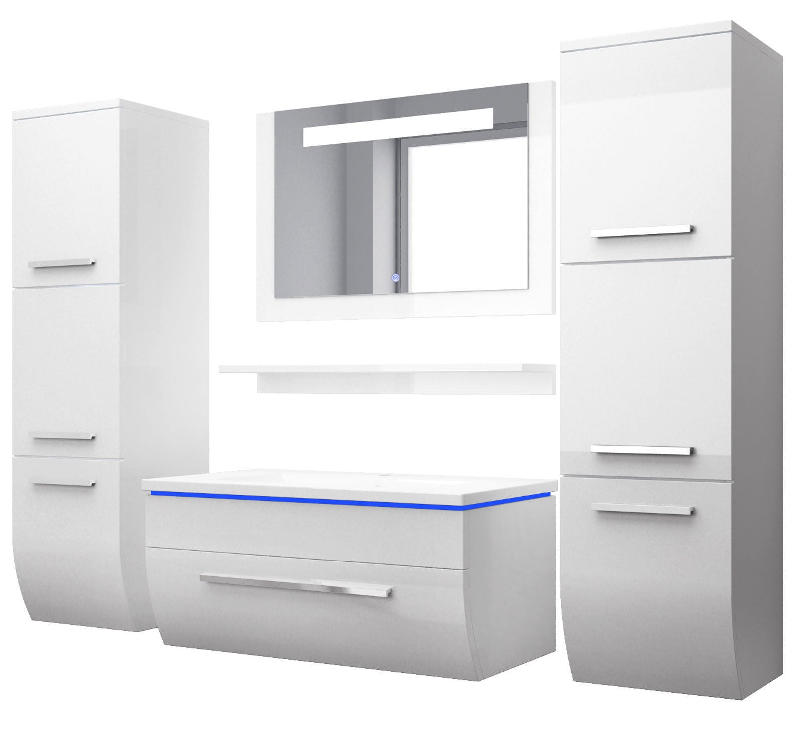 Badmöbel Set Weiss 180 cm Hochglanz Waschbecken Spiegel Komplett Bad Led System.