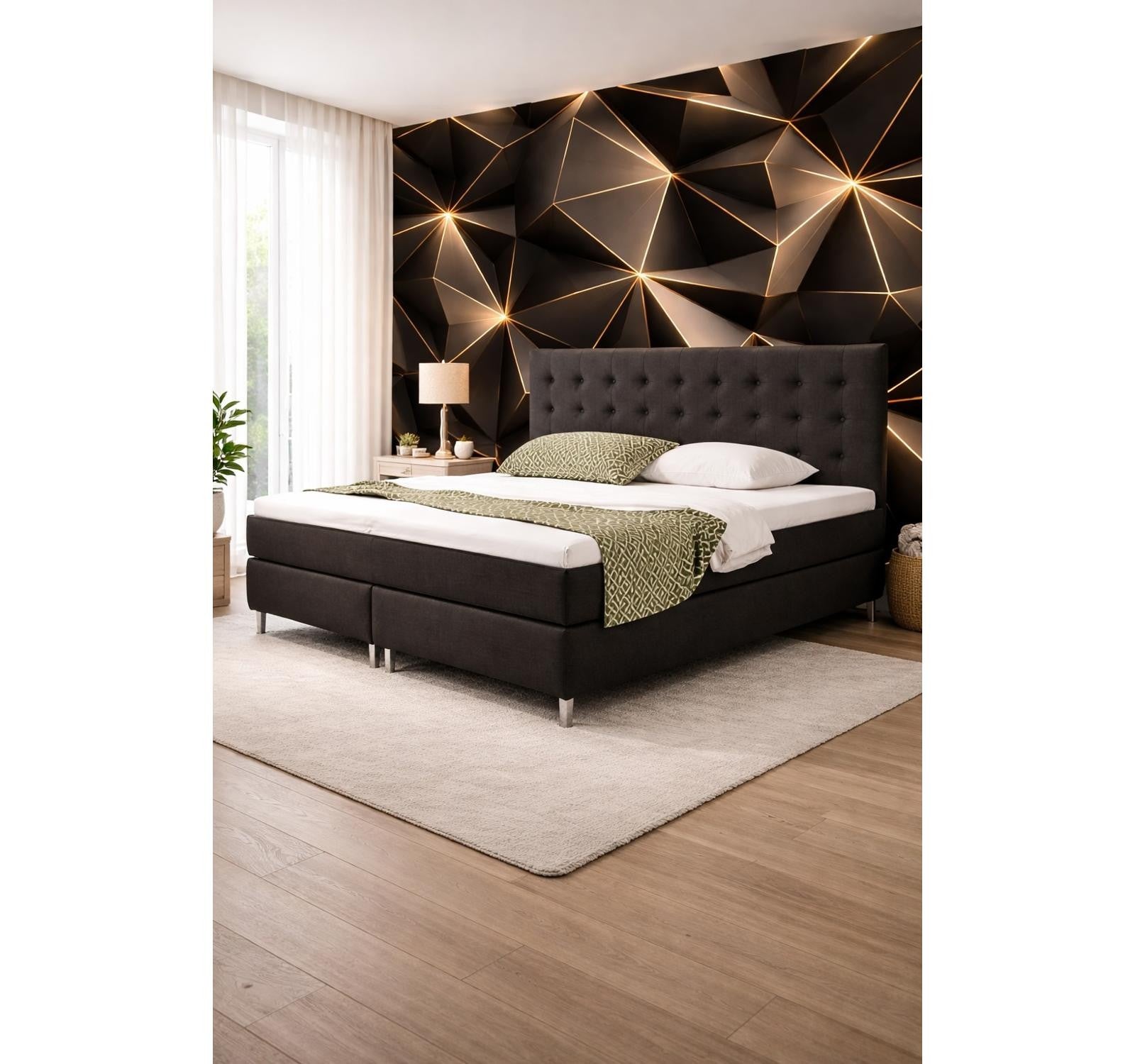 Boxspringbett  Bett 140x200 cm Webstoff Anthrazit mit Topper-Optik Einzelbett