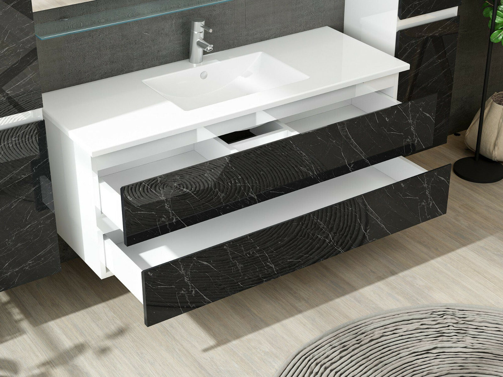 Badmöbel Set Weiss / Marmor Optik Hochglanz Badezimmermöbel 60   90 cm 120 Luuci
