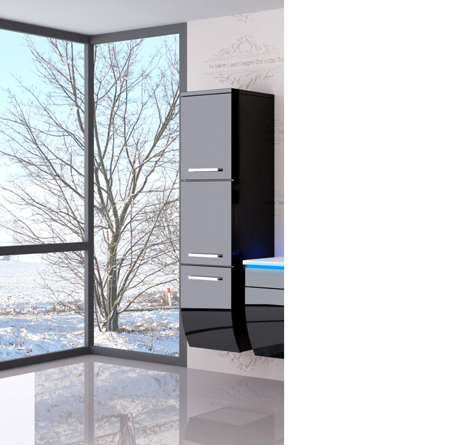 1x Seitenschrank Hochschrank Badmöbel Glanz Badschrank Schwarz  110 cm