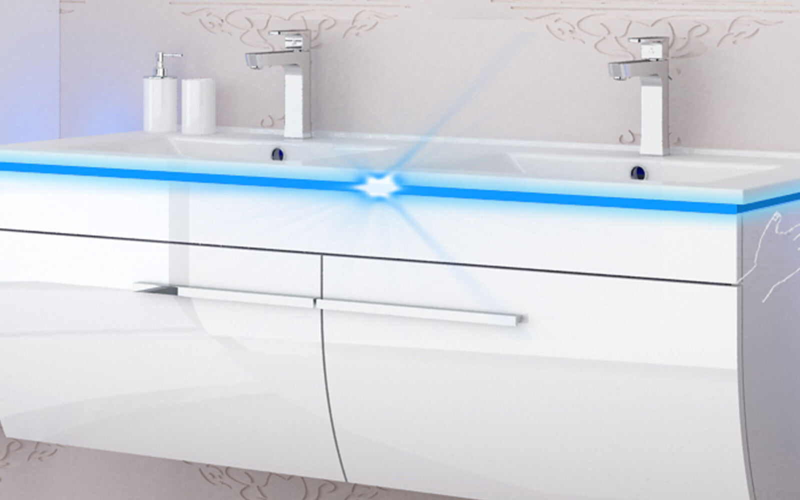 Badmöbel set hochglanz Weiß Doppelwaschtisch montiert   Touch Led System 120 cm