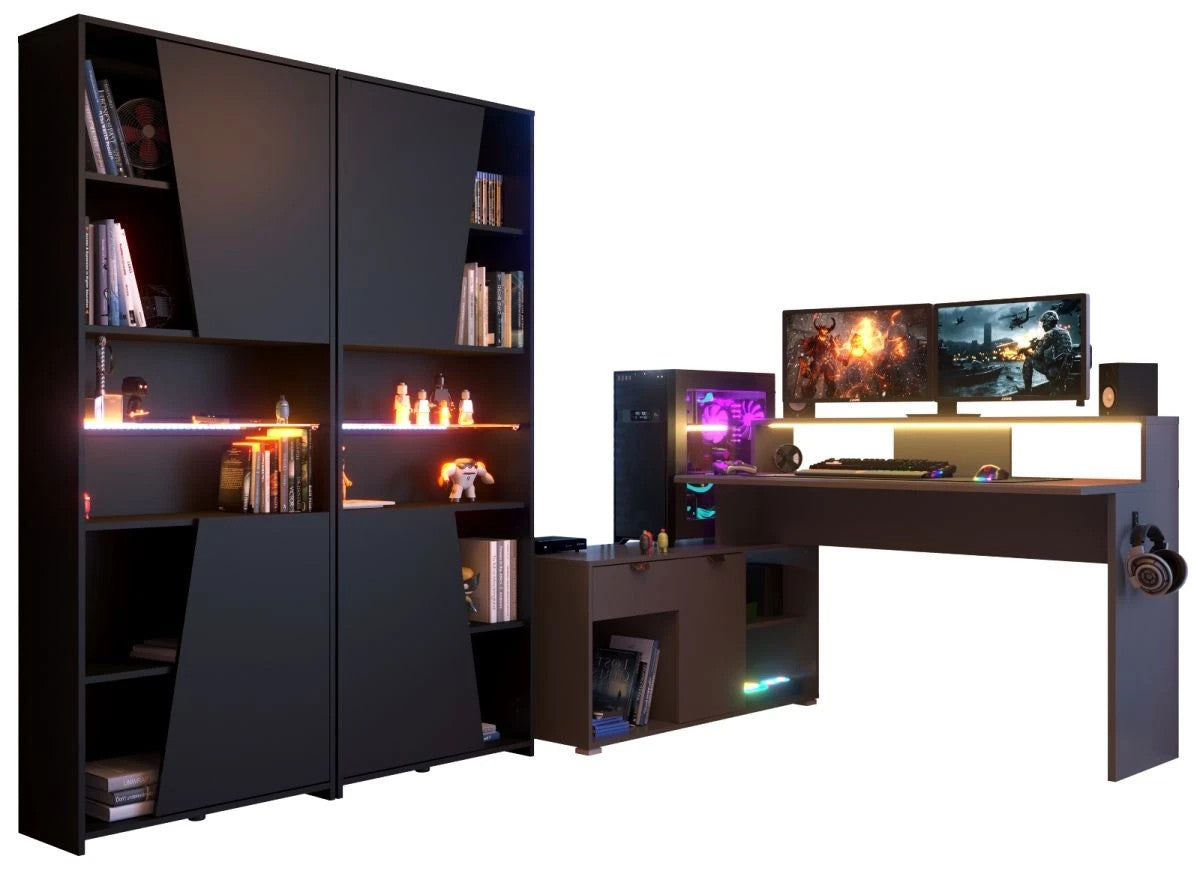 Gaming Set"Work"in schwarz und grau Gamingtisch und Schrank inkl.LED Farbwechsel