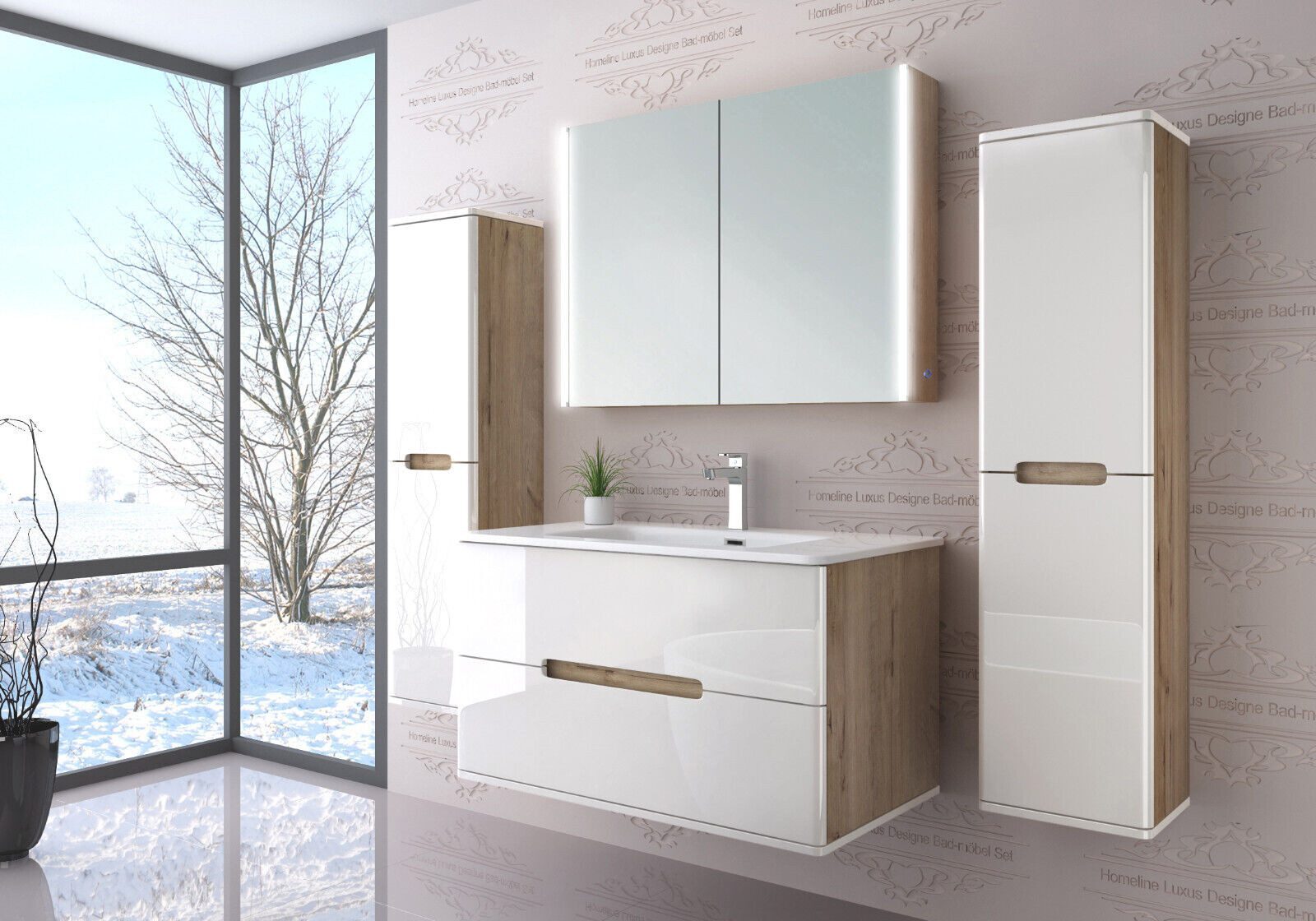 Badmöbel set mit waschbecken und spiegelschrank Hochglanz mit Keramik Becken 90